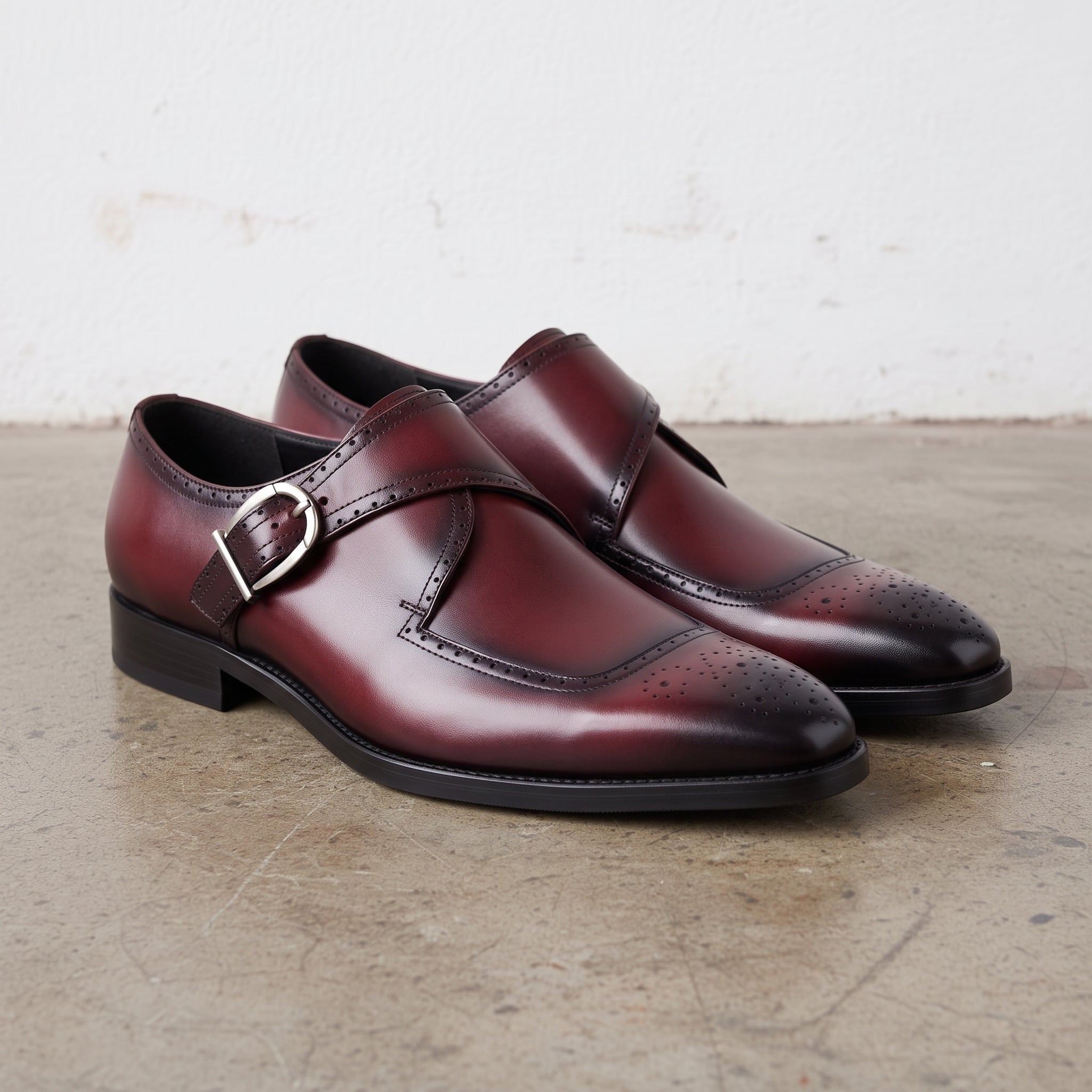 Men's Burgundy Cap-Toe Leather Monk Strap Shoes — Taylor