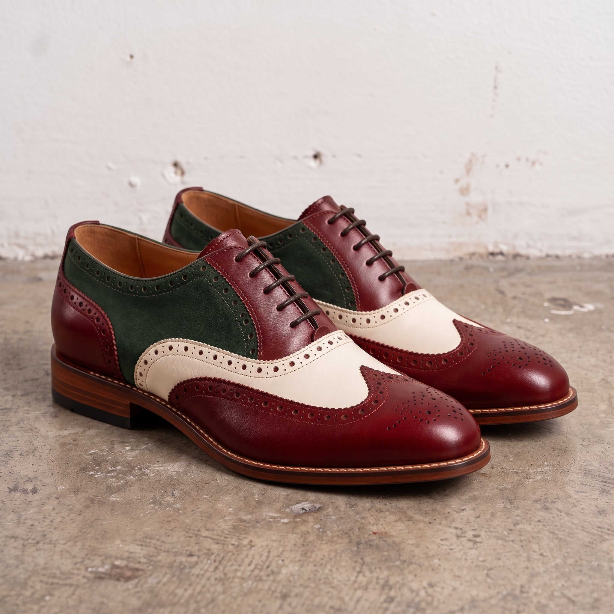 Men's Burgundy, Cream, and Dark Green Wingtip Leather Oxfords — Acremore