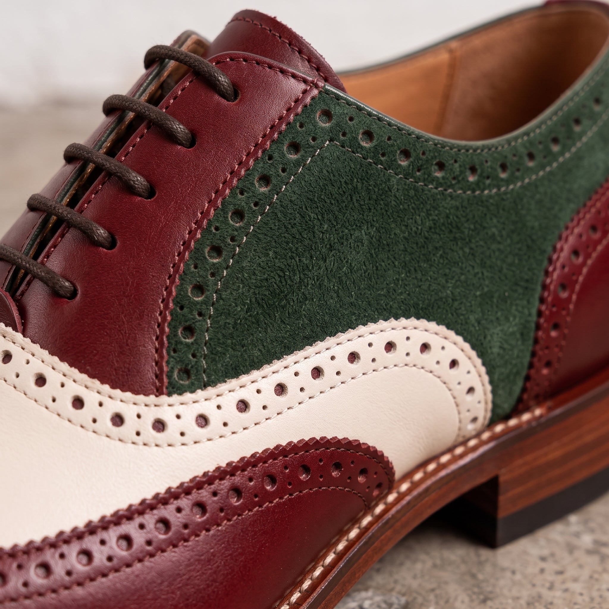 Men's Burgundy, Cream, and Dark Green Wingtip Leather Oxfords — Acremore