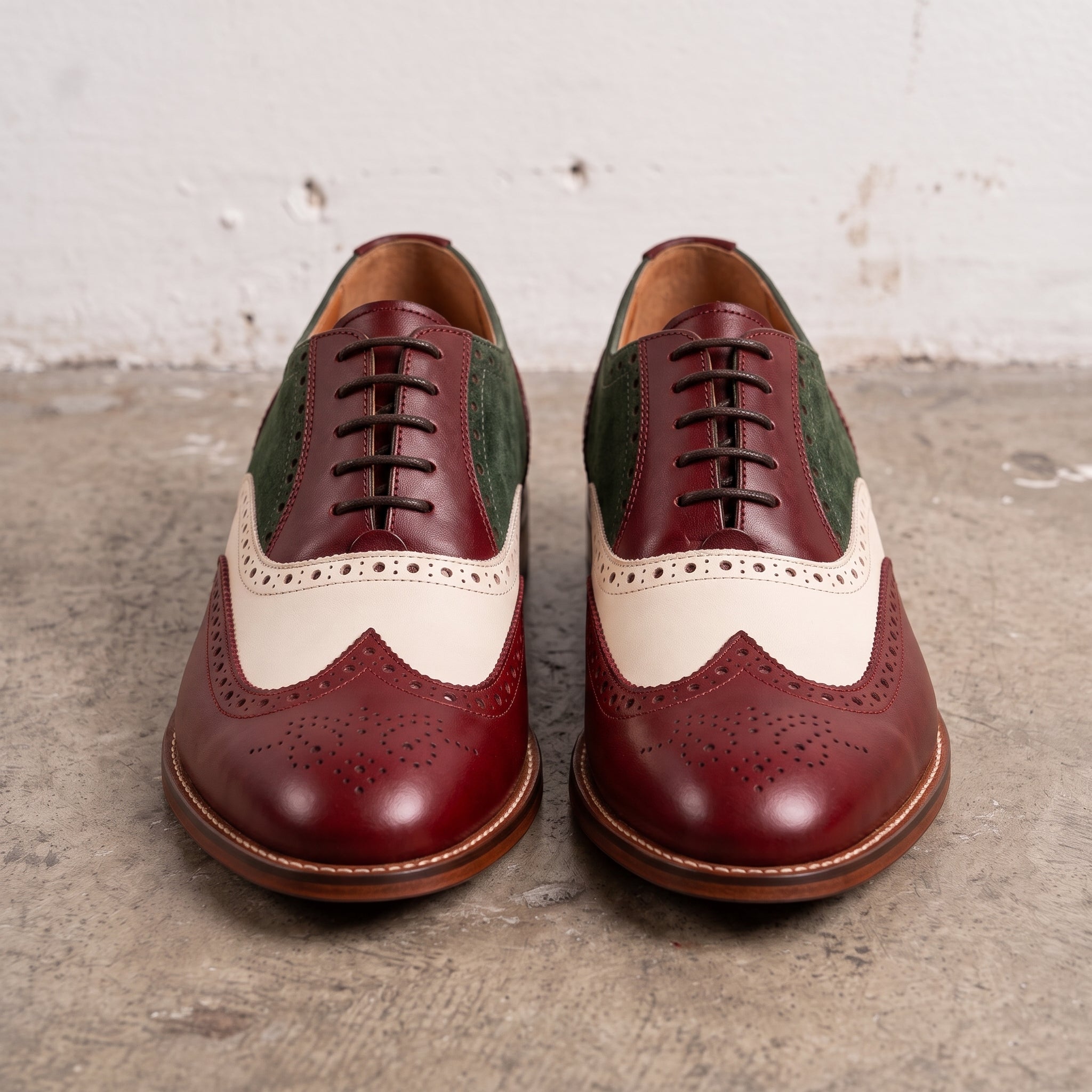 Men's Burgundy, Cream, and Dark Green Wingtip Leather Oxfords — Acremore