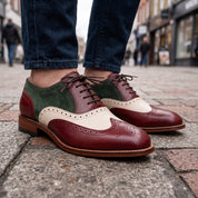 Men's Burgundy, Cream, and Dark Green Wingtip Leather Oxfords — Acremore