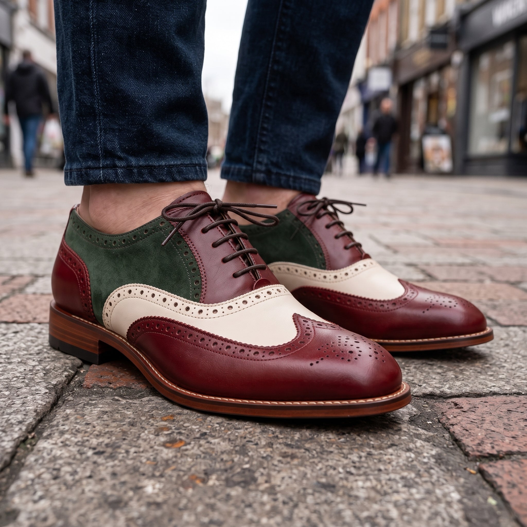 Men's Burgundy, Cream, and Dark Green Wingtip Leather Oxfords — Acremore