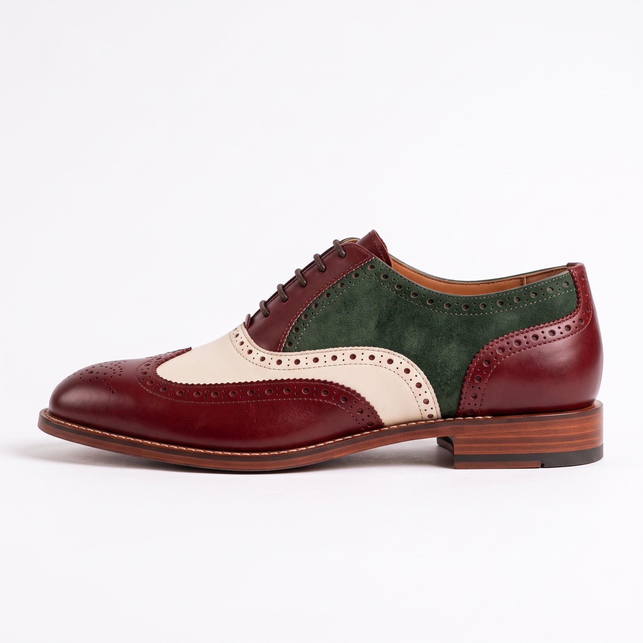 Men's Burgundy, Cream, and Dark Green Wingtip Leather Oxfords — Acremore