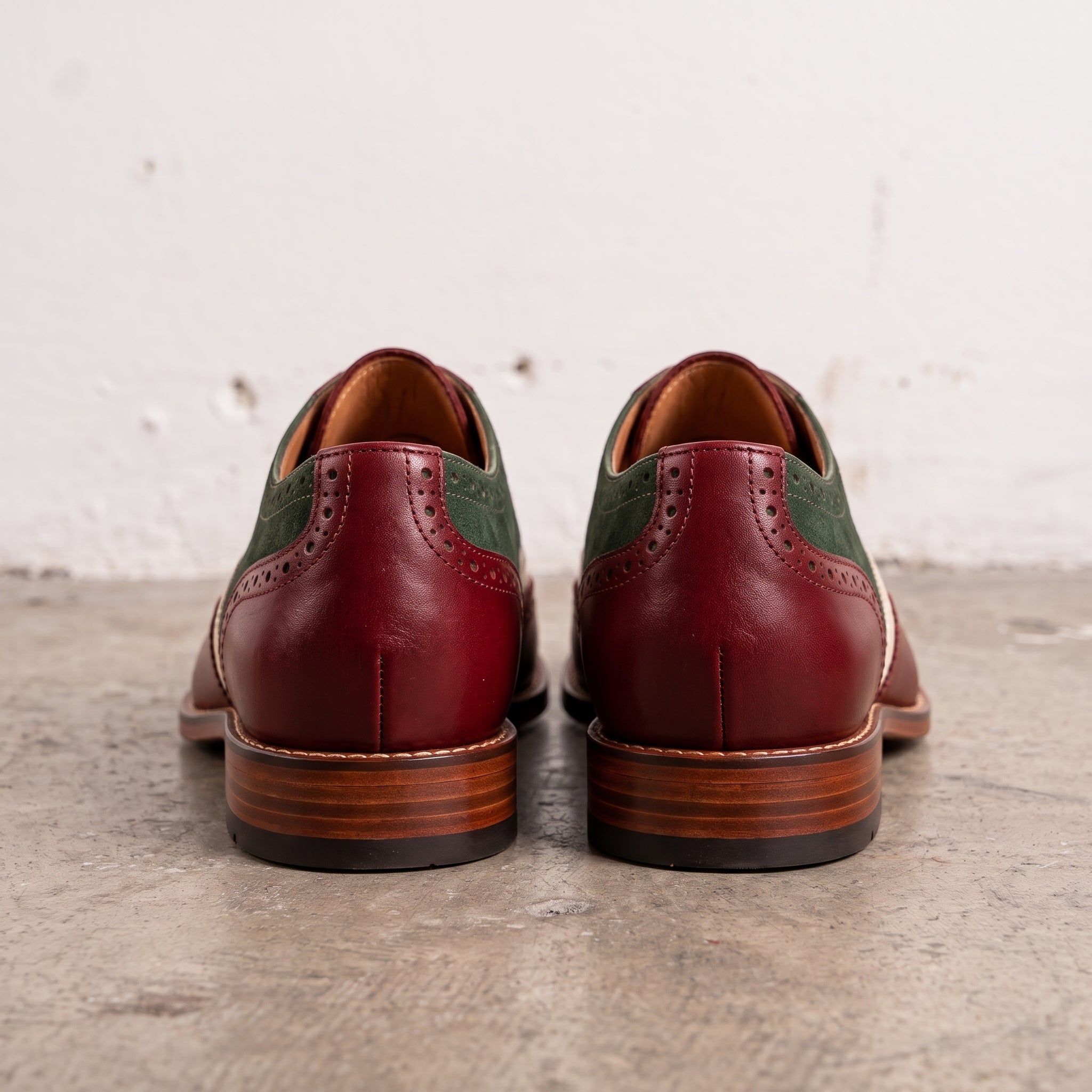 Men's Burgundy, Cream, and Dark Green Wingtip Leather Oxfords — Acremore