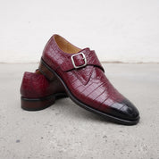 Men's Burgundy Crocodile-Embossed Leather Plain-Toe Monk Strap Shoes — Huntley