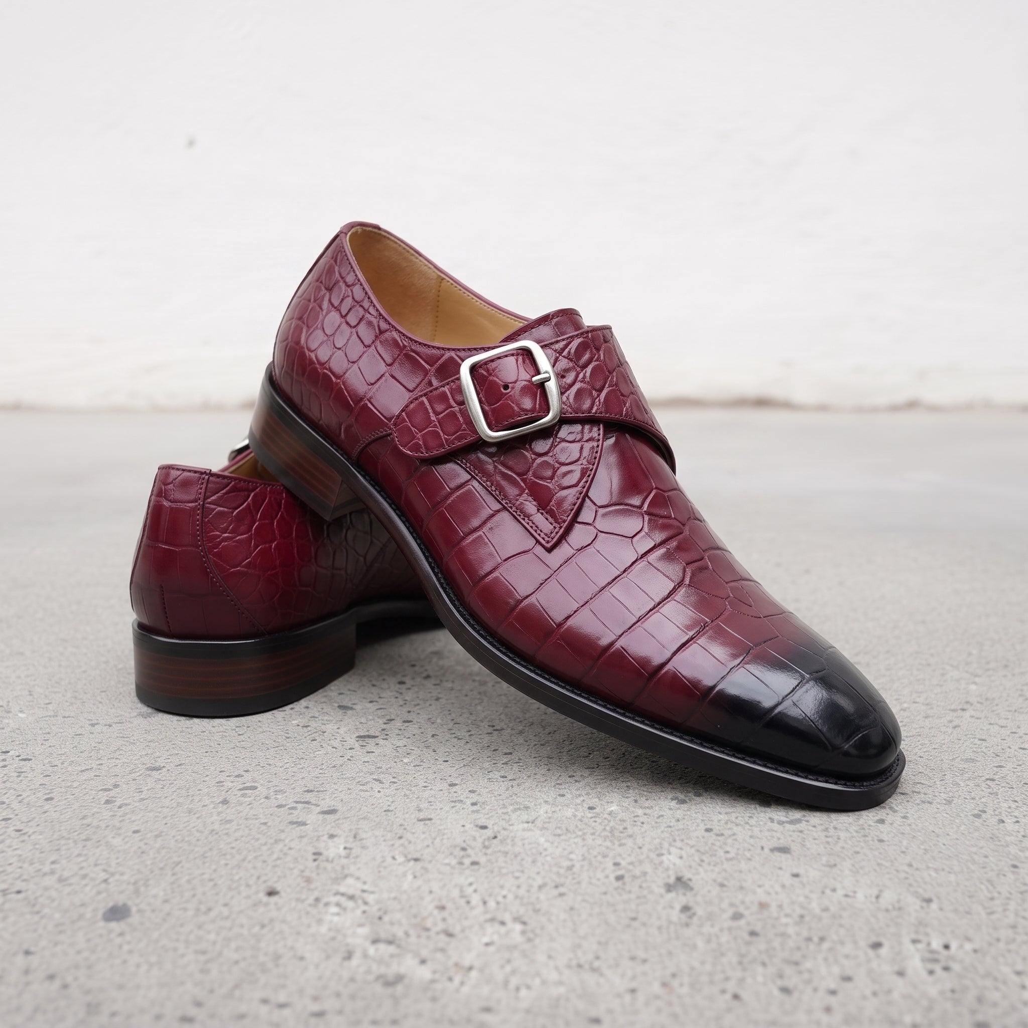 Men's Burgundy Crocodile-Embossed Leather Plain-Toe Monk Strap Shoes — Huntley