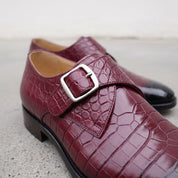 Men's Burgundy Crocodile-Embossed Leather Plain-Toe Monk Strap Shoes — Huntley
