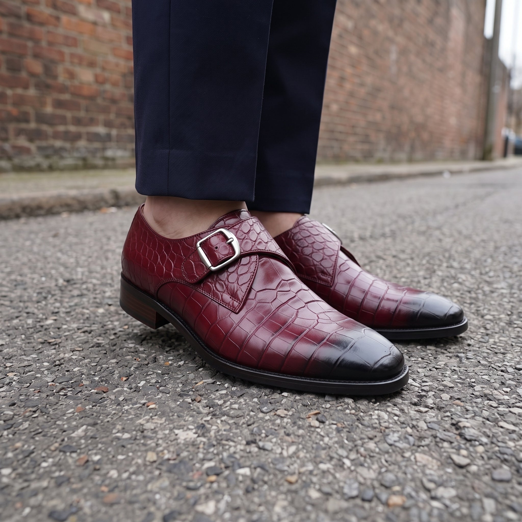 Men's Burgundy Crocodile-Embossed Leather Plain-Toe Monk Strap Shoes — Huntley
