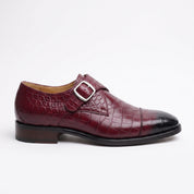 Men's Burgundy Crocodile-Embossed Leather Plain-Toe Monk Strap Shoes — Huntley