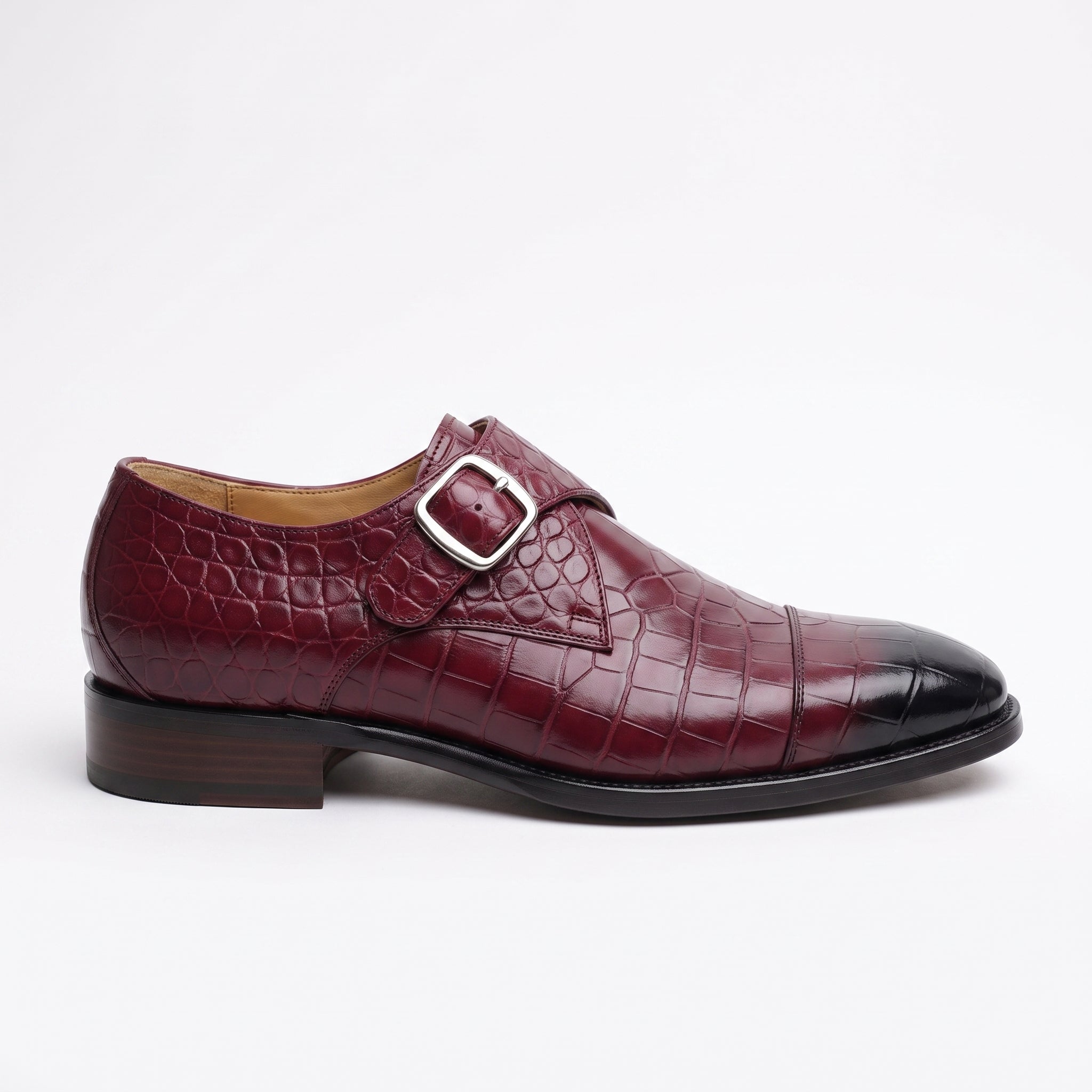 Men's Burgundy Crocodile-Embossed Leather Plain-Toe Monk Strap Shoes — Huntley