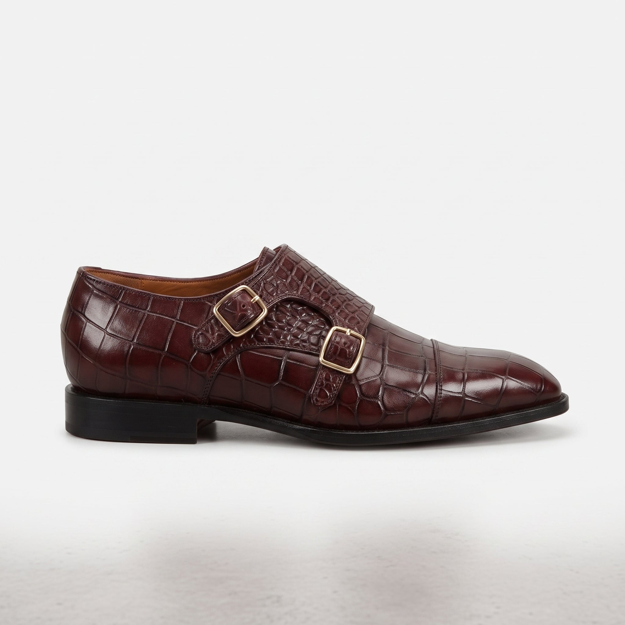 Men's Burgundy Crocodile-Embossed Leather Double Monk Strap Shoes — Heddon — Heddon