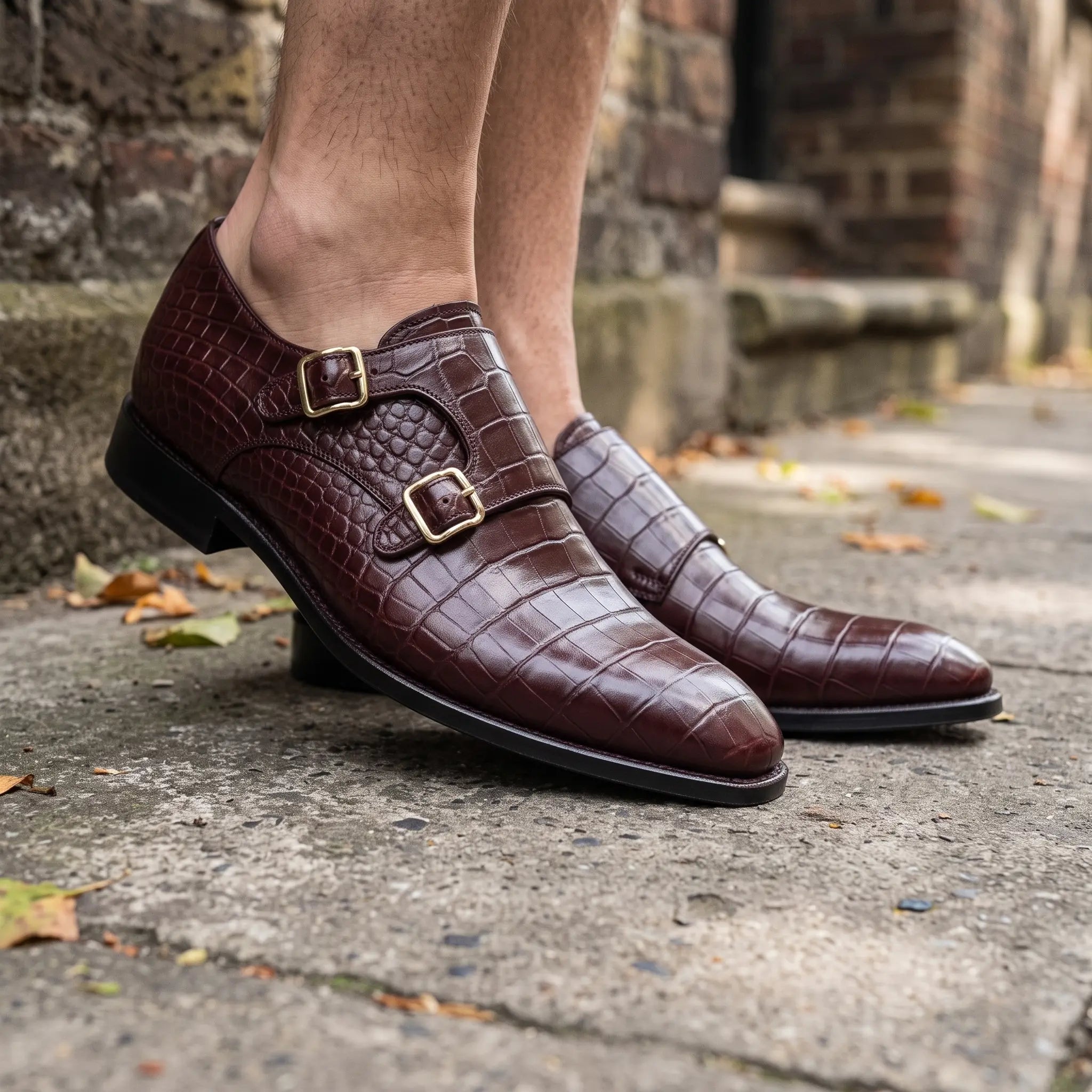 Men's Burgundy Crocodile-Embossed Leather Double Monk Strap Shoes — Sandys