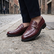 Men's Burgundy Crocodile-Embossed Leather Monk Strap Loafers — Worthing — Worthing