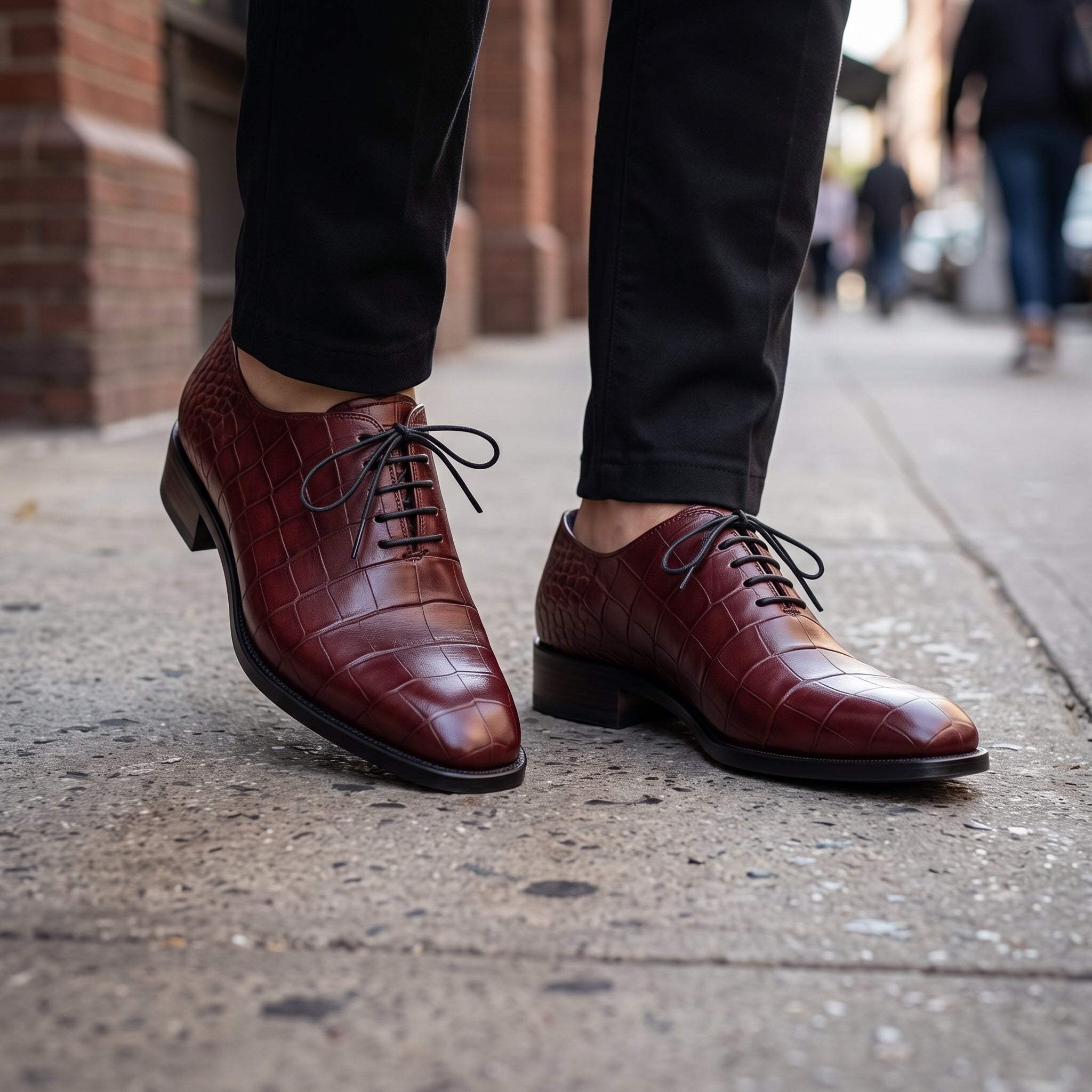 Men's Burgundy Crocodile-Embossed Leather Oxfords — Ascott