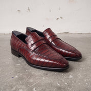 Men's Burgundy Crocodile-Embossed Leather Penny Loafers — Harcourt