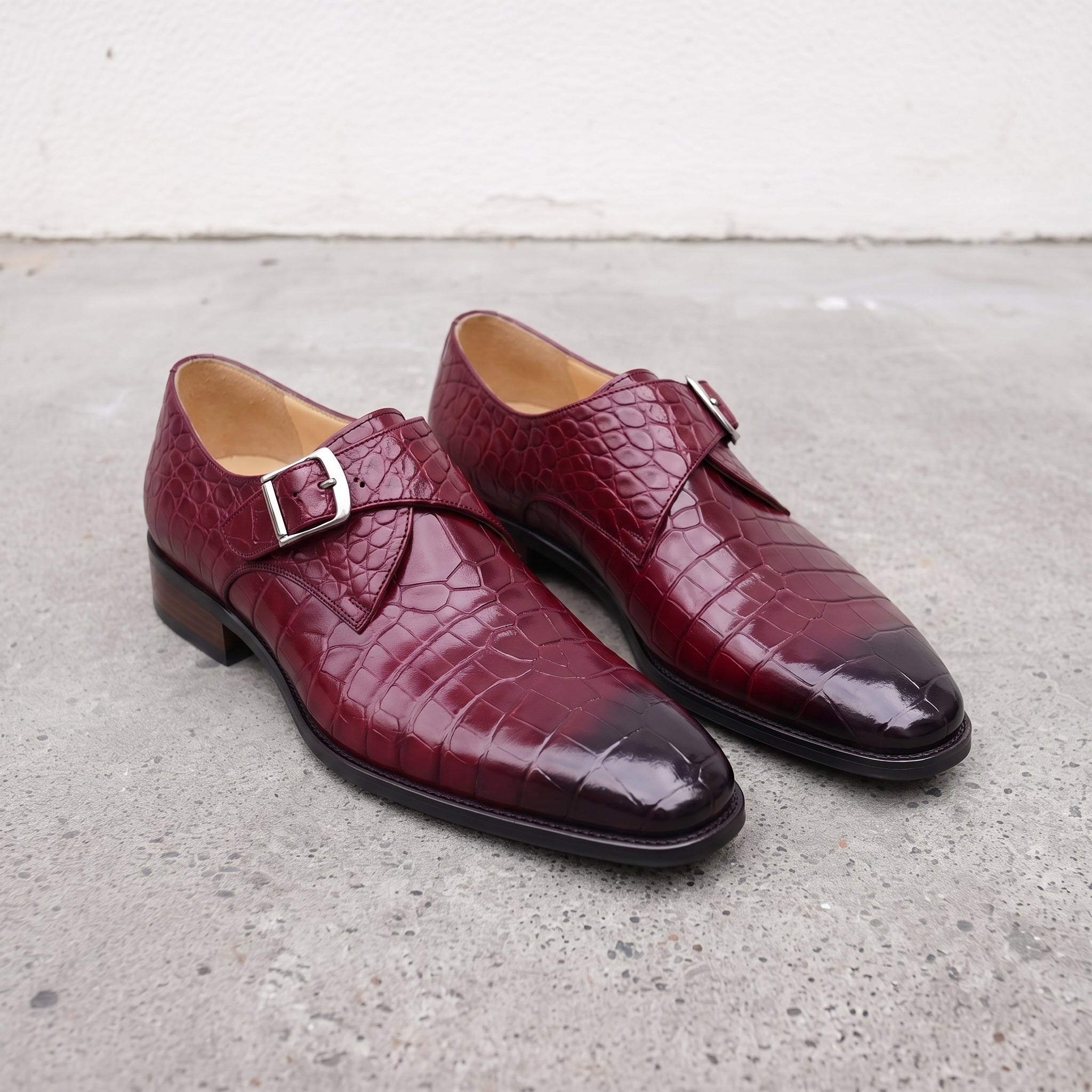 Men's Burgundy Crocodile-Embossed Leather Plain-Toe Monk Strap Shoes — Huntley
