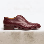 Men's Burgundy Crocodile-Embossed Leather Wingtip Oxfords — Arden