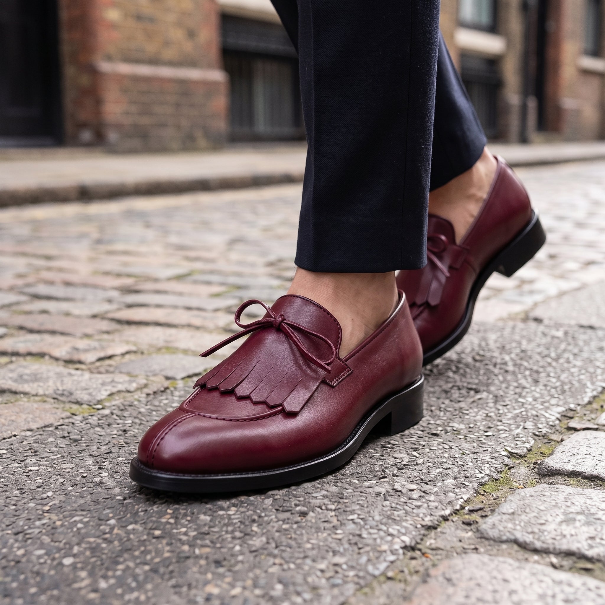 Men's Burgundy Fringe Apron-Toe Leather Loafers — Braydon