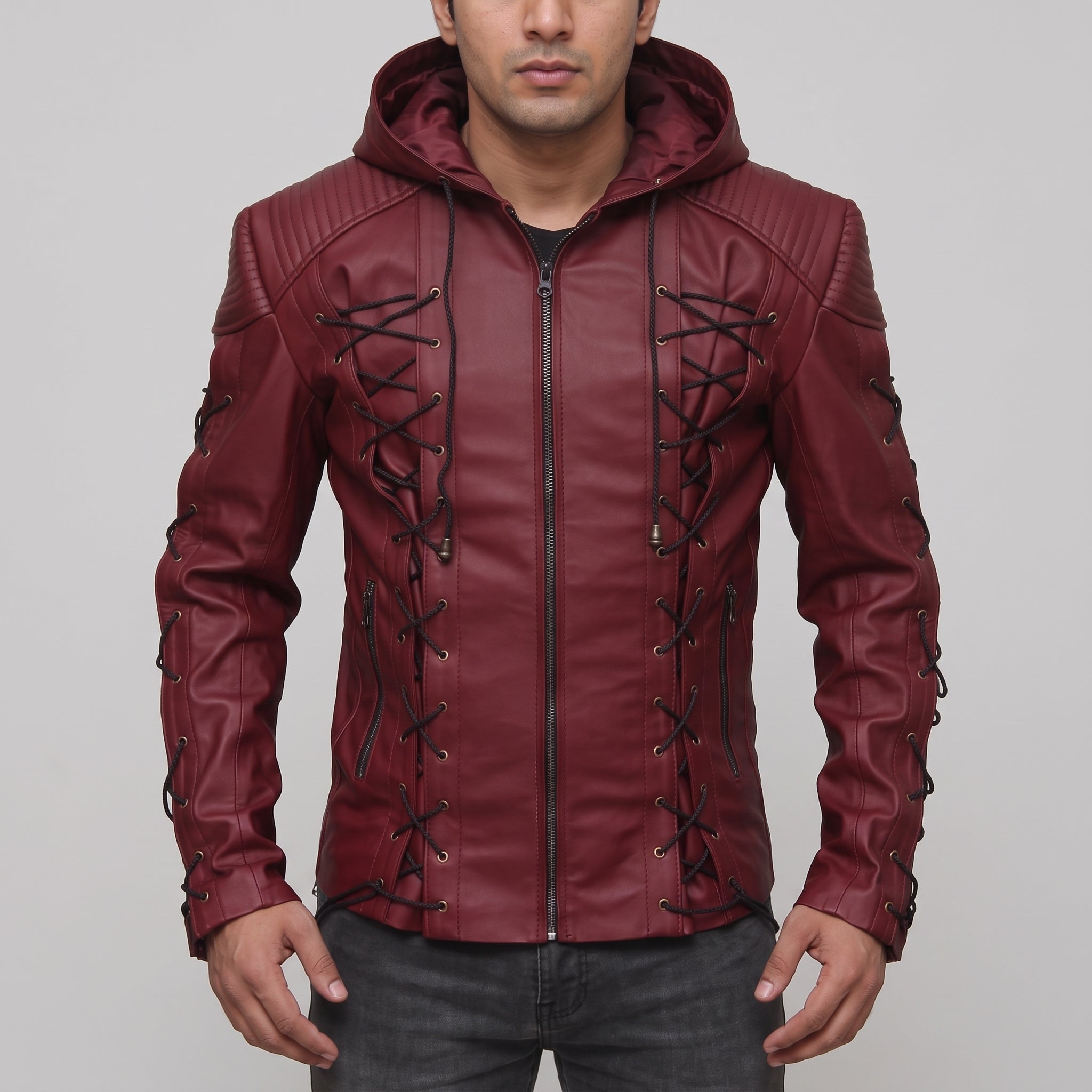Men's Burgundy Hooded Leather Jacket — Bretherton