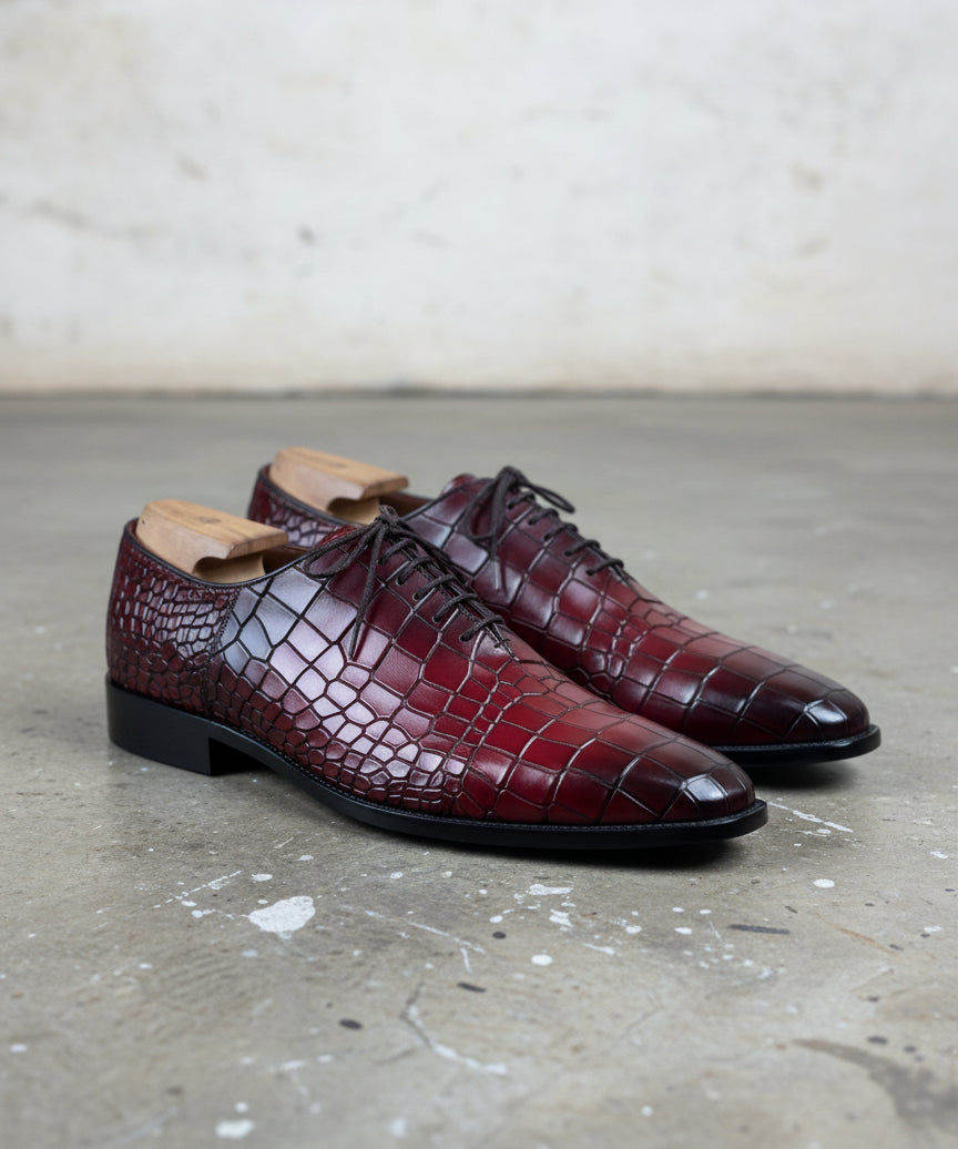 Men's Burgundy Lace-Up Crocodile Pattern Dress Shoes - 3-4-right-view