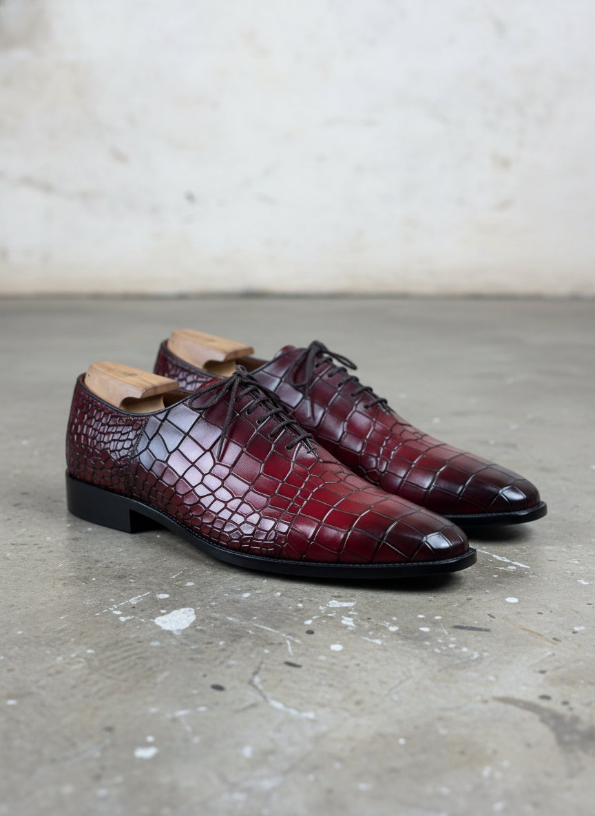 Men's Burgundy Lace-Up Crocodile Pattern Dress Shoes - 3-4-right-view
