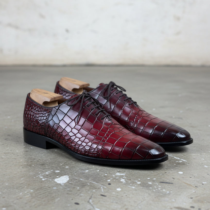 Men's Burgundy Lace-Up Crocodile Pattern Dress Shoes - 3-4-right-view