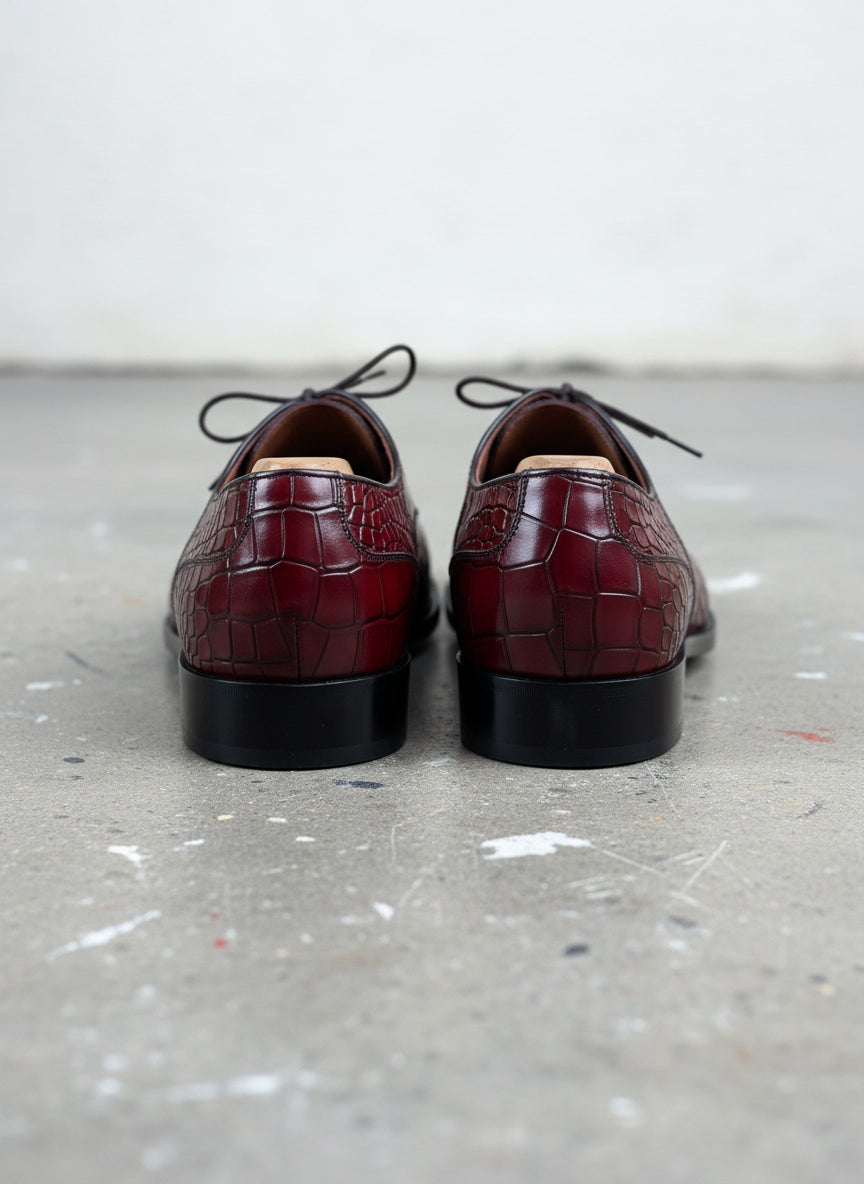 Men's Burgundy Lace-Up Crocodile Pattern Dress Shoes - back-view