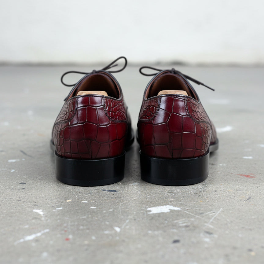 Men's Burgundy Lace-Up Crocodile Pattern Dress Shoes - back-view