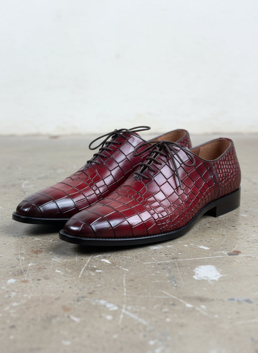 Men's Burgundy Lace-Up Crocodile Pattern Dress Shoes - front-view