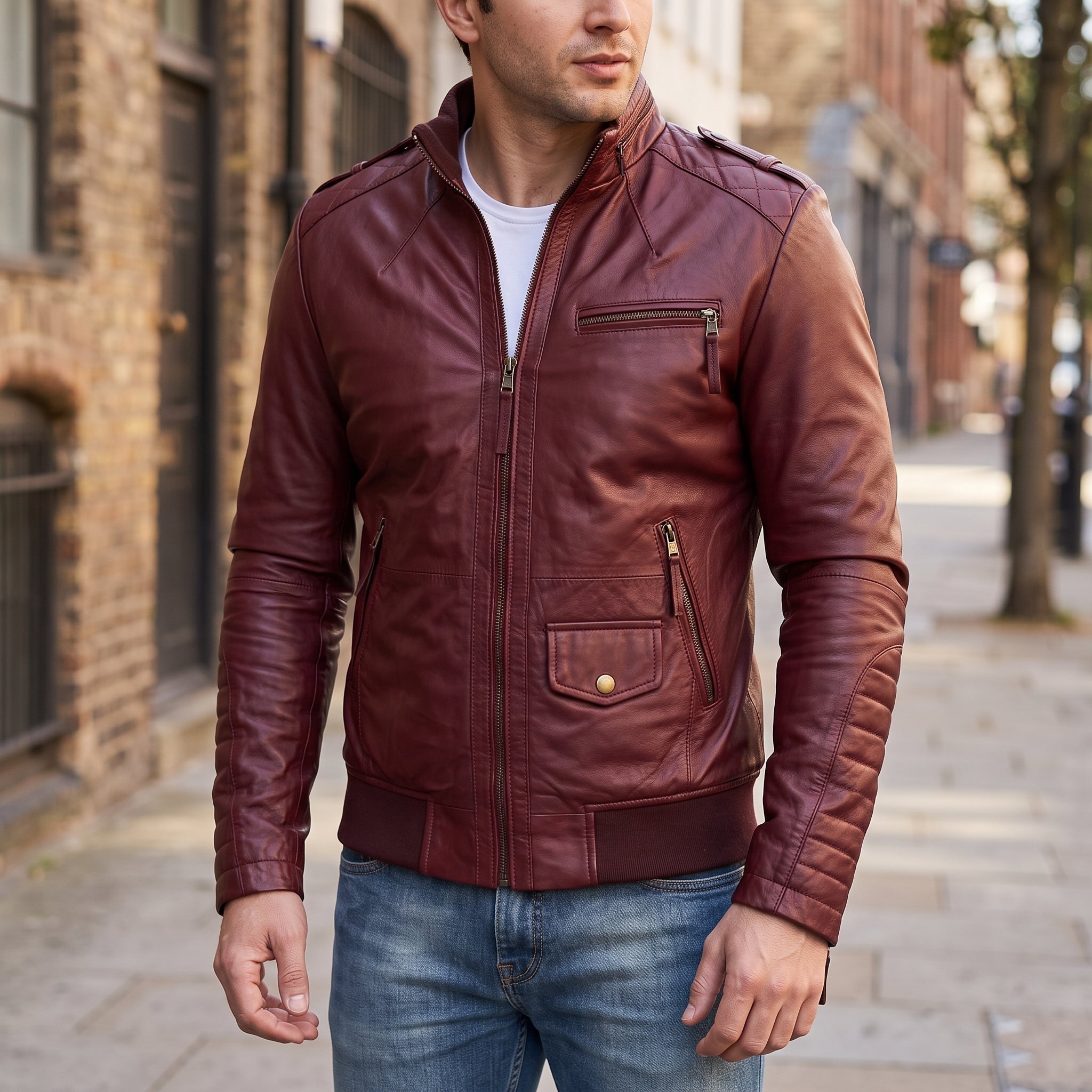 Men's Burgundy Leather Bomber Jacket — Dearden