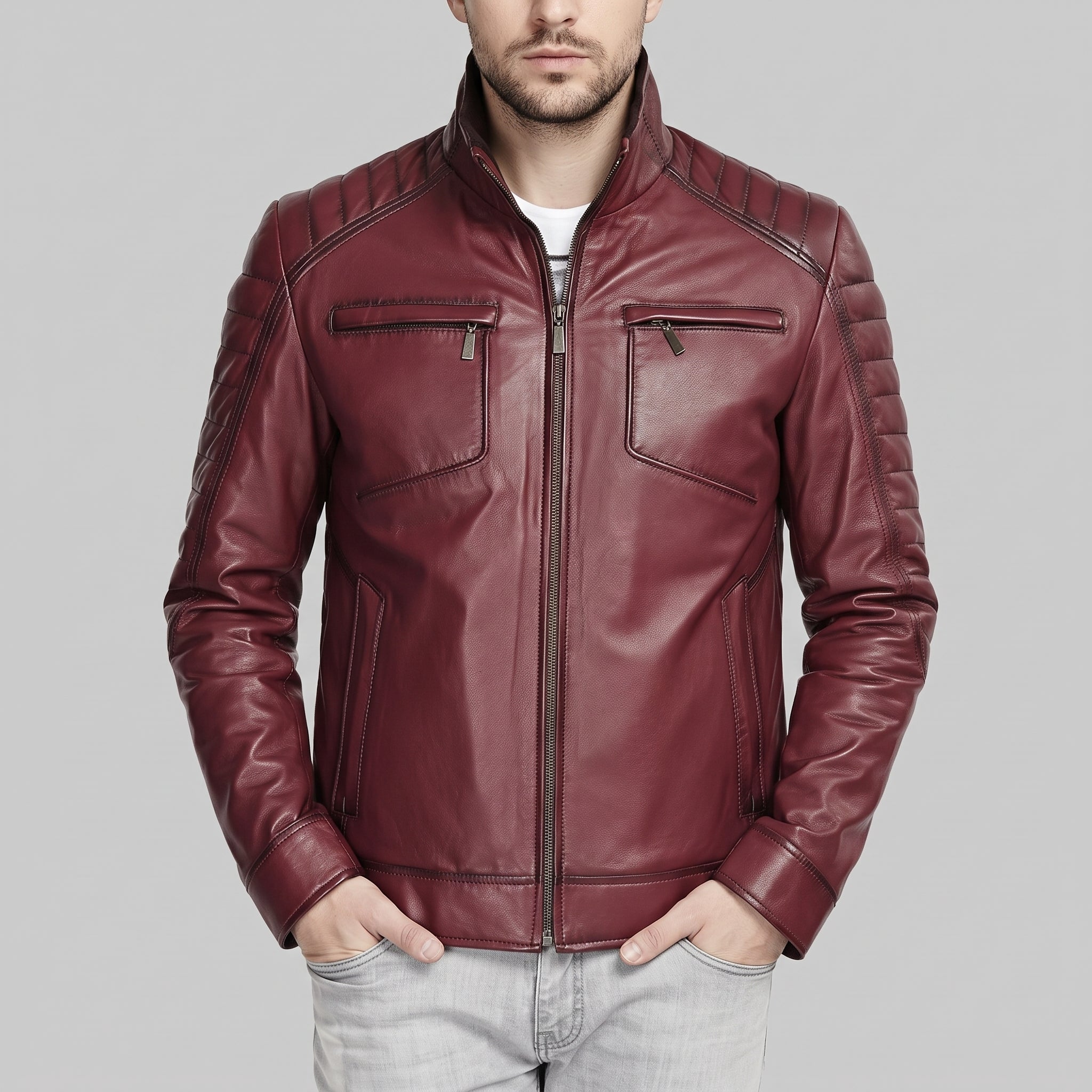 Men's Burgundy Leather Biker Jacket — Donham