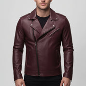 Men's Burgundy Leather Biker Jacket — Eynsford