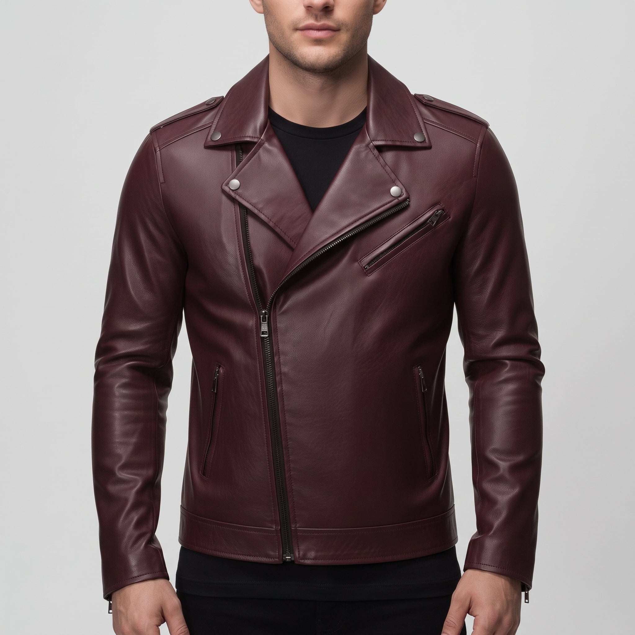 Men's Burgundy Leather Biker Jacket — Eynsford