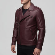 Men's Burgundy Leather Biker Jacket — Eynsford