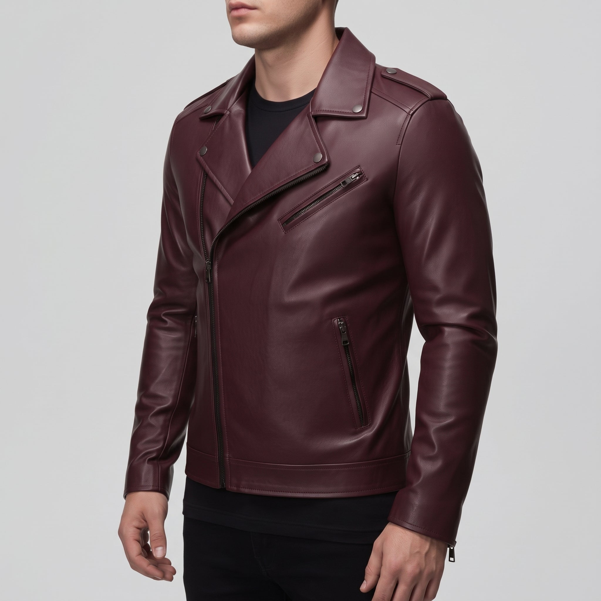 Men's Burgundy Leather Biker Jacket — Eynsford