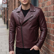 Men's Burgundy Leather Biker Jacket — Eynsford