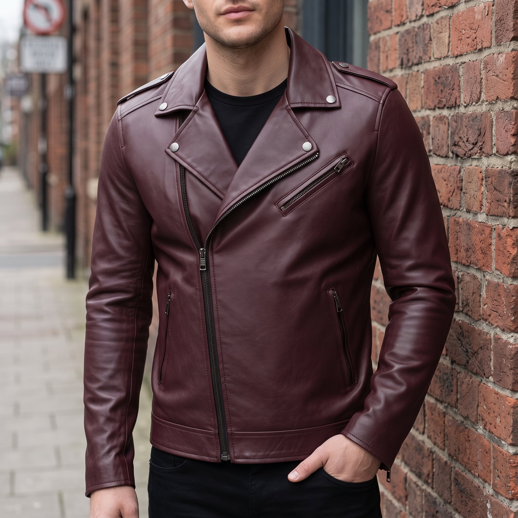 Men's Burgundy Leather Biker Jacket — Eynsford