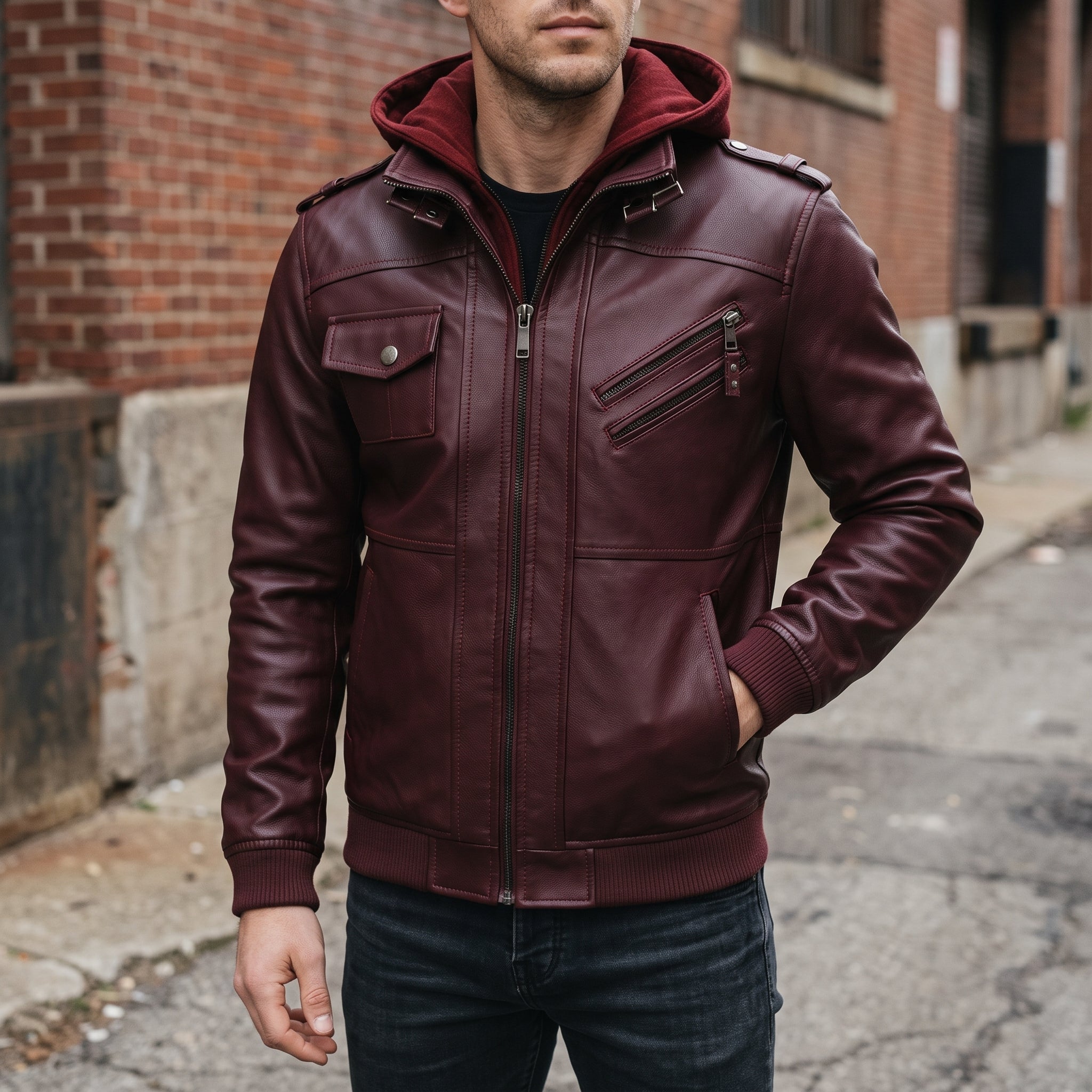 Men's Burgundy Leather Biker Jacket — Matlock
