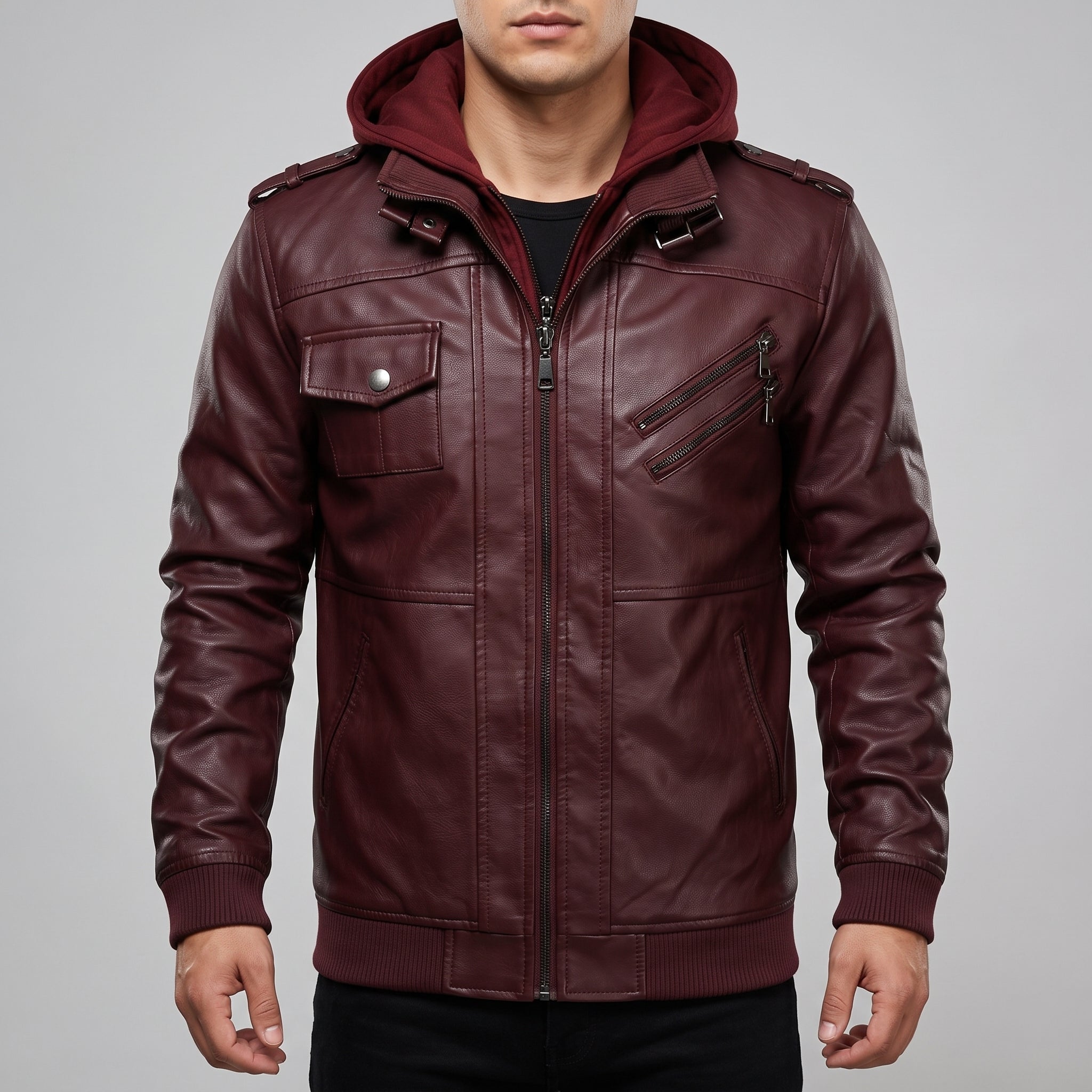 Men's Burgundy Leather Biker Jacket — Matlock