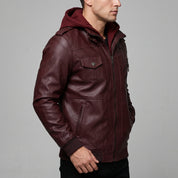 Men's Burgundy Leather Biker Jacket — Matlock