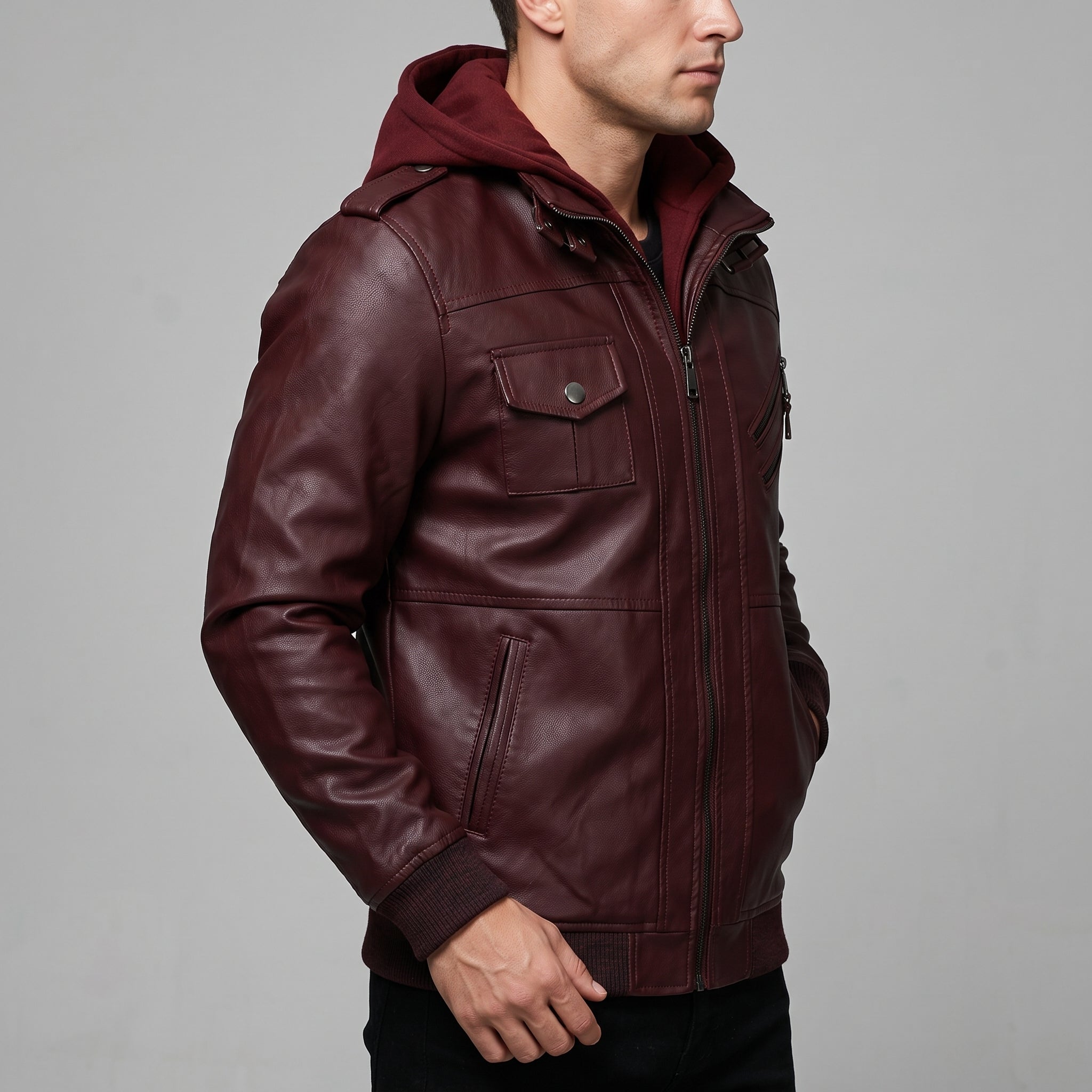 Men's Burgundy Leather Biker Jacket — Matlock
