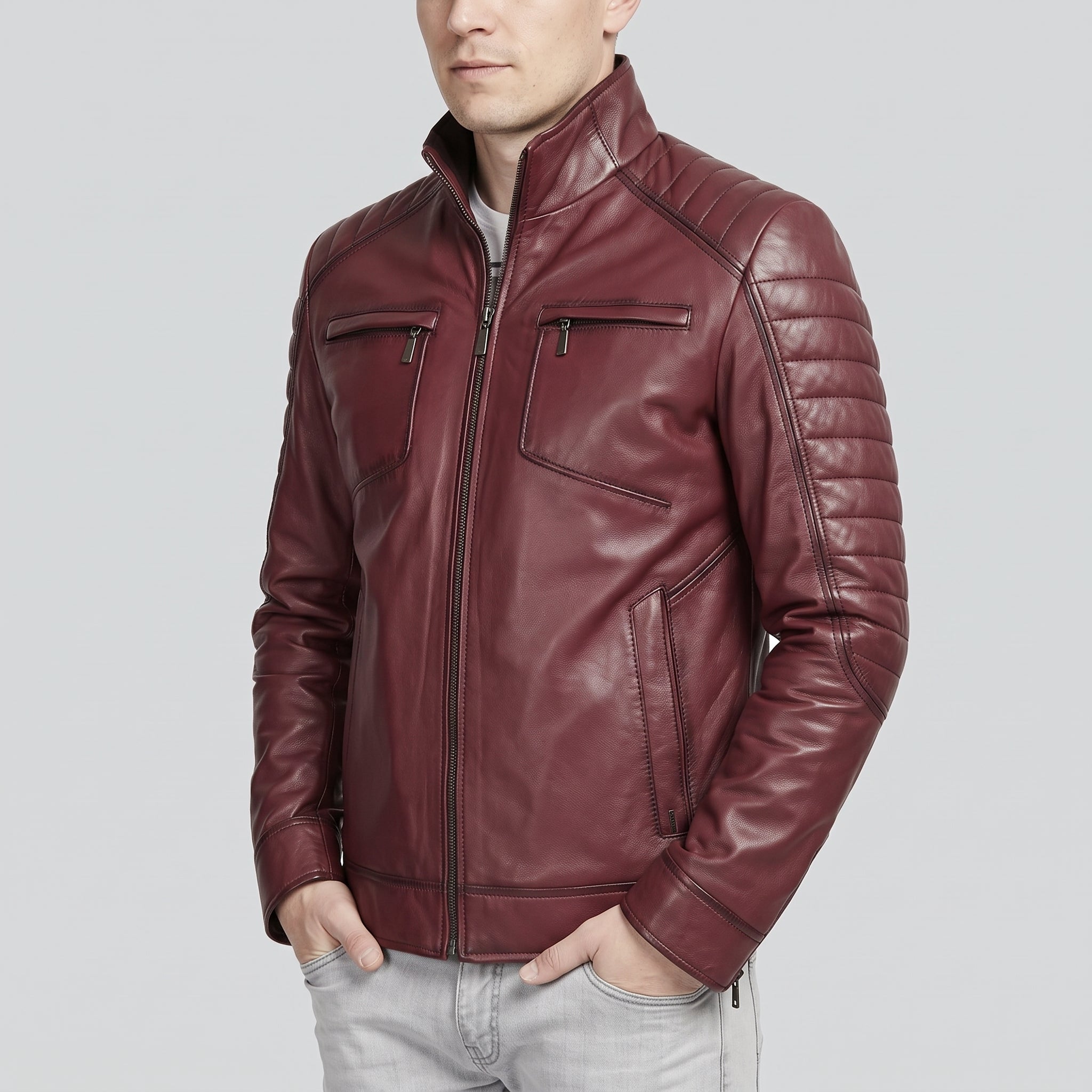 Men's Burgundy Leather Biker Jacket — Donham