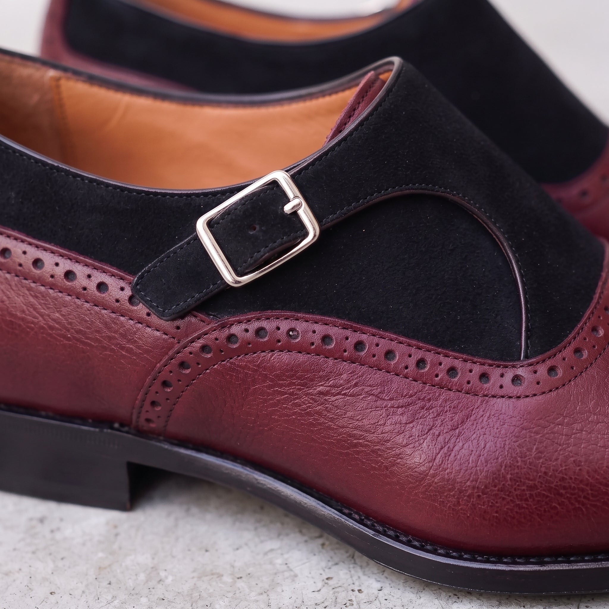 Men's Burgundy and Black Leather Monk Strap Shoes — Bramhall