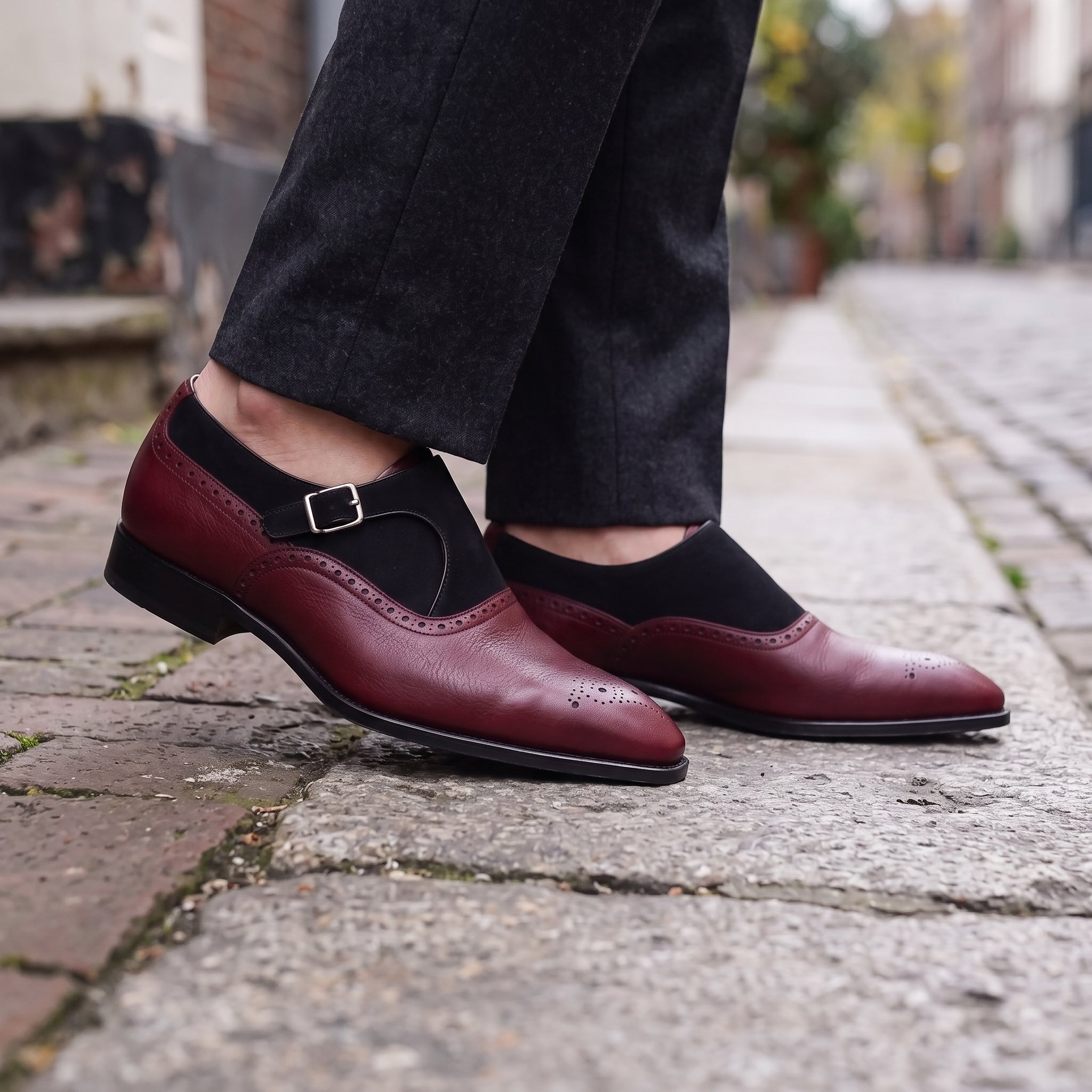 Men's Burgundy and Black Leather Monk Strap Shoes — Bramhall