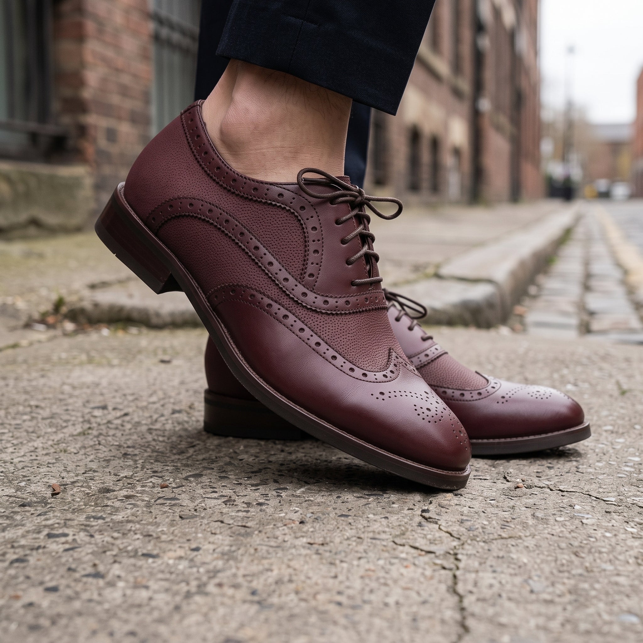 Men's Burgundy Pebbled Leather Wingtip Oxfords — Neale