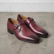 Men's Burgundy Medallion-Toe Leather Monk Strap Shoes — Creighton