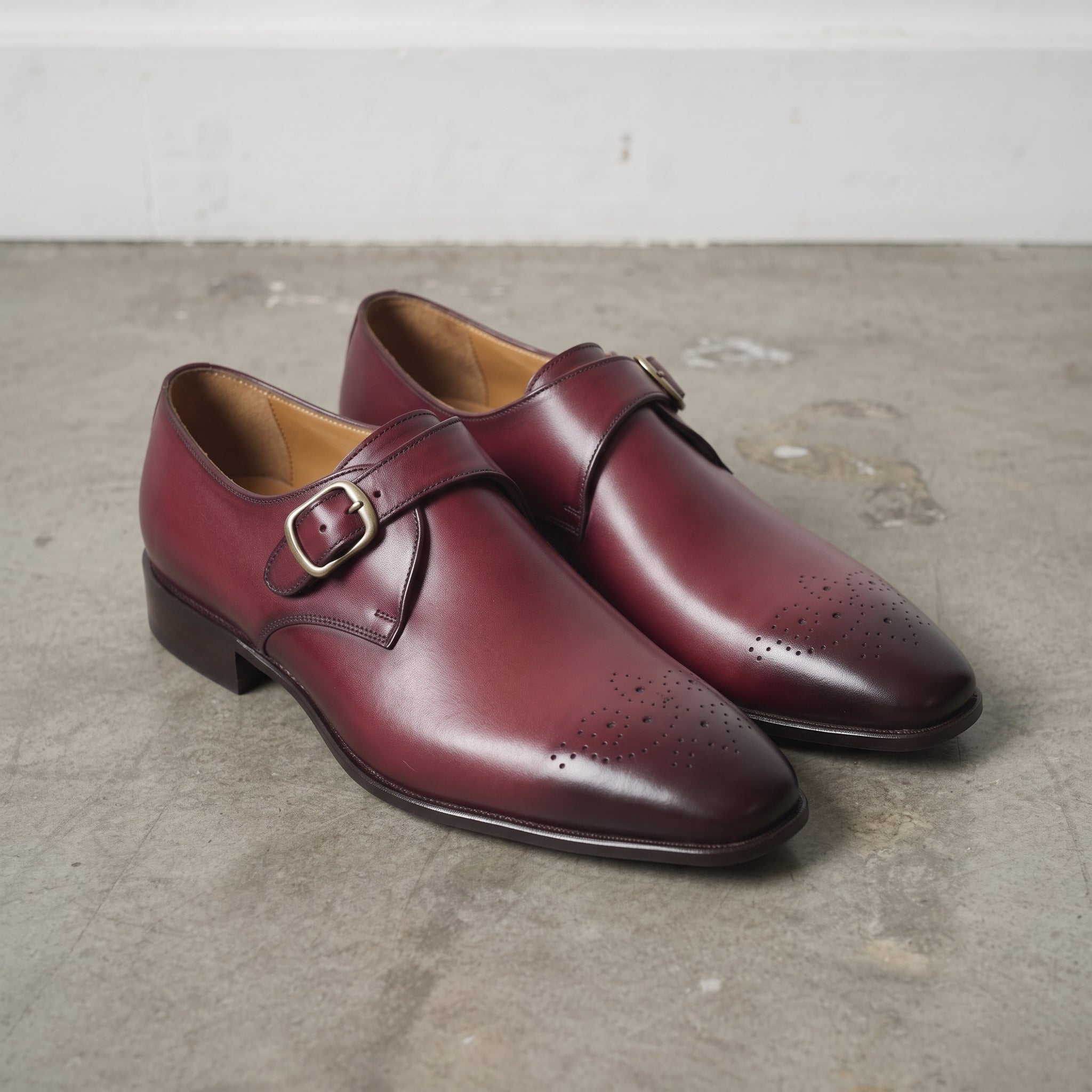 Men's Burgundy Medallion-Toe Leather Monk Strap Shoes — Creighton