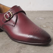 Men's Burgundy Medallion-Toe Leather Monk Strap Shoes — Creighton