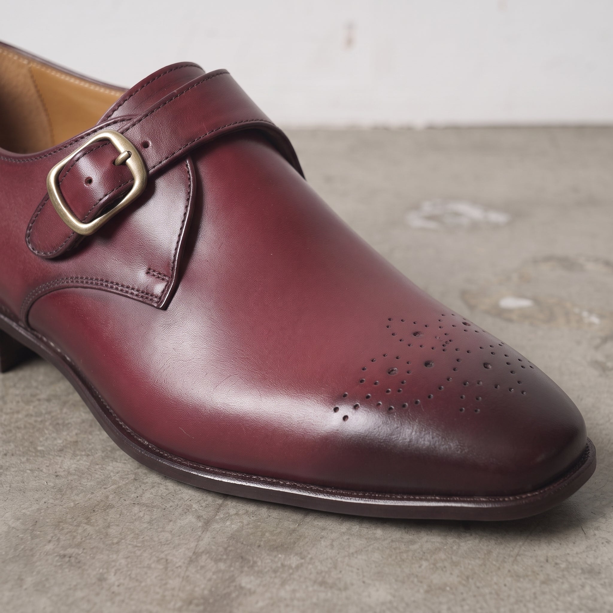 Men's Burgundy Medallion-Toe Leather Monk Strap Shoes — Creighton