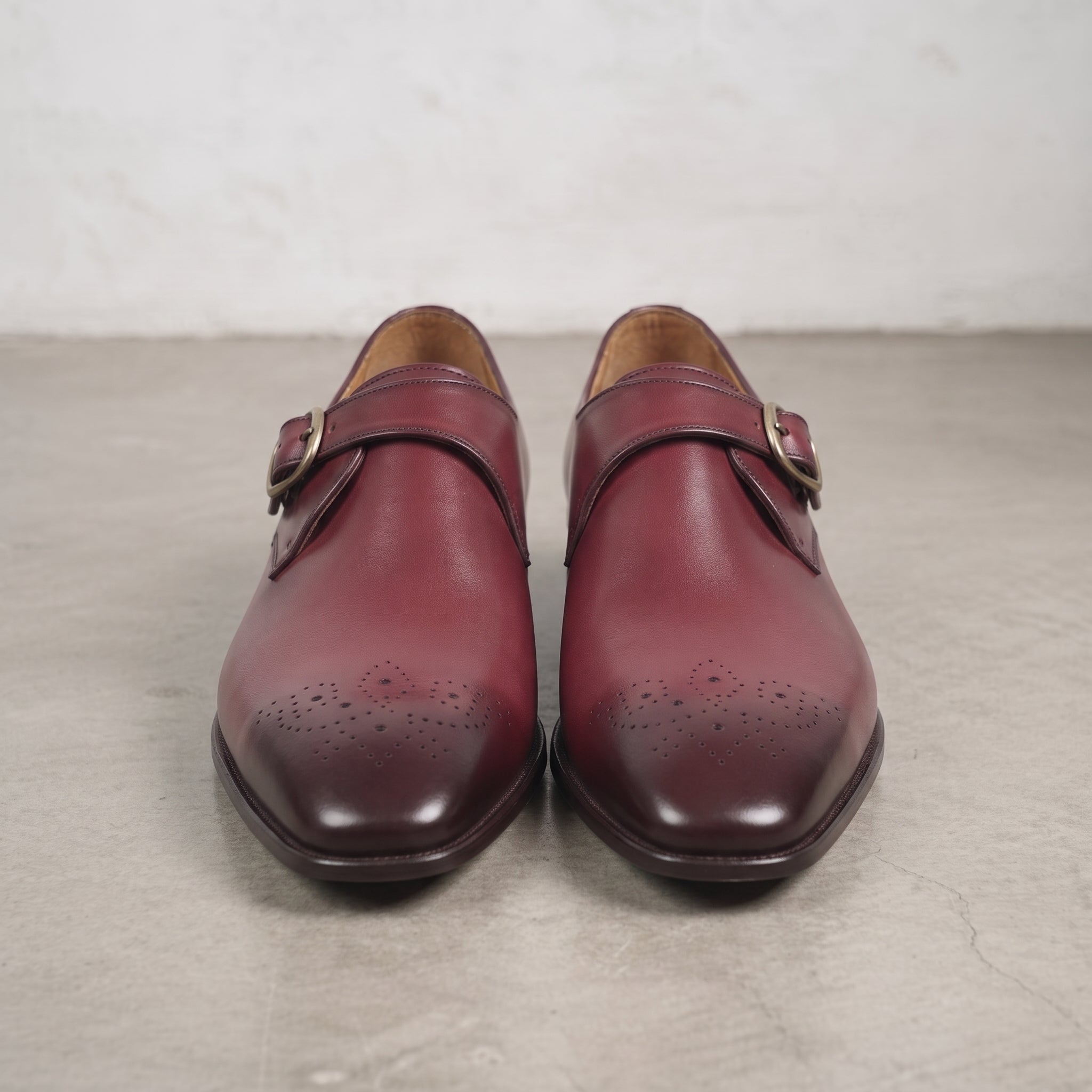 Men's Burgundy Medallion-Toe Leather Monk Strap Shoes — Creighton